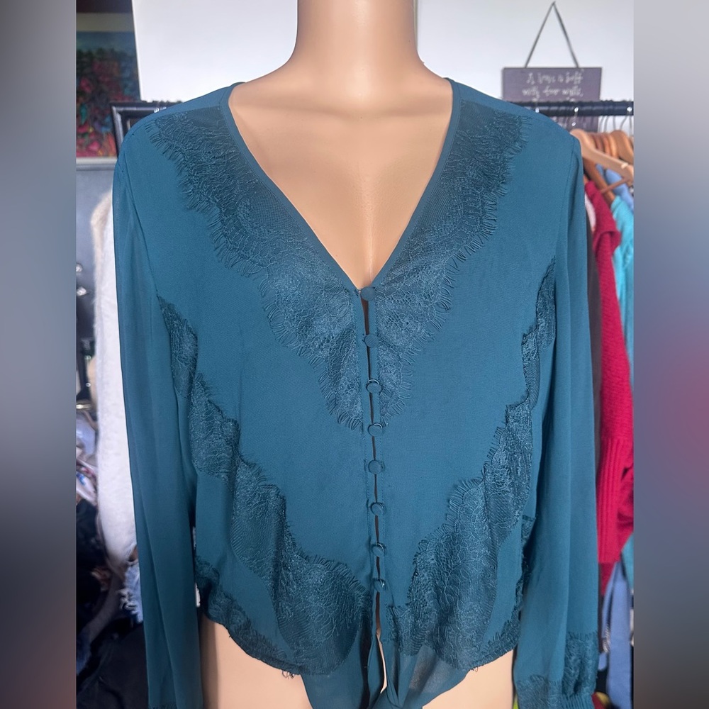 Guess Blue Long Sleeve Tie Front Blouse